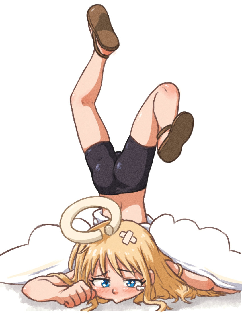 1other, angel, angel_wings, beachepisode, blonde_hair, blue_eyes, blush, bulge, crimvael, derivative_work, futanari, gunsmith_cats, halo, highres, ishuzoku_reviewers, sandals, screenshot_redraw, solo, wings