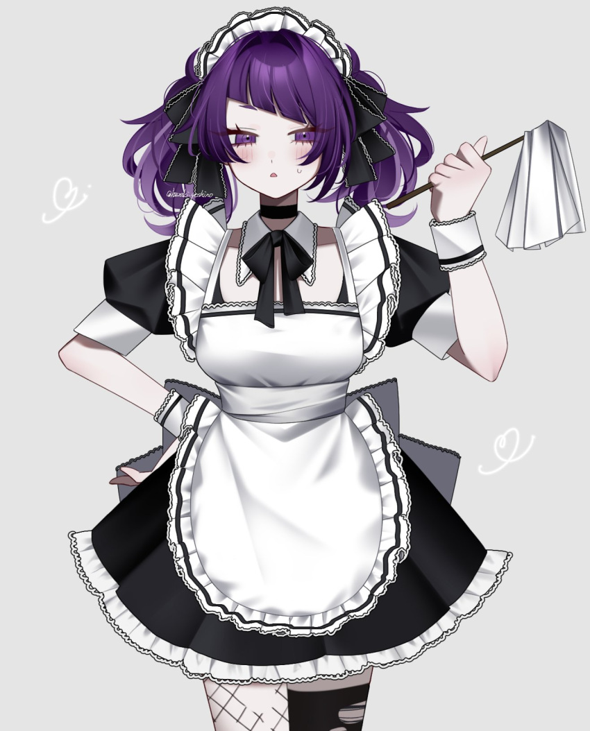 1girl, apron, black_bow, black_bowtie, black_choker, black_dress, black_ribbon, black_thighhighs