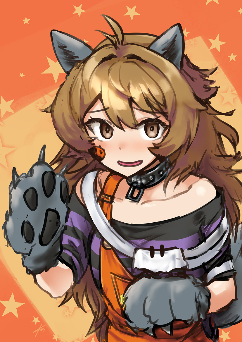 1girl, alternate_hair_length, alternate_hairstyle, animal_ears, animal_hands, black_collar, brown_eyes, brown_hair, collar, ebizome, fangs, gloves, halloween_costume, kantai_collection, long_hair, oboro_(halloween)_(kancolle), oboro_(kancolle), official_alternate_costume, open_mouth, orange_background, orange_overalls, overalls, paw_gloves, pumpkin_ornament, shirt, solo, star_(symbol), star_symbol_background, sticker_on_face, striped_clothes, striped_shirt, tail, upper_body, wolf_ears, wolf_tail