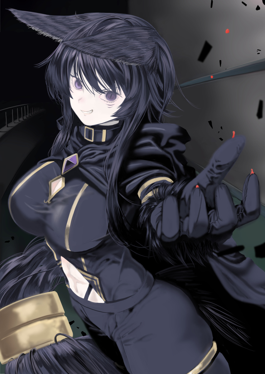 1girl, abs, absurdres, amora_(starnight17), animal_ear_fluff, animal_ears, arm_support, black_gloves, black_pants, black_shirt, blue_eyes, borrowed_character, breasts, cleavage_cutout, clenched_hand, clothing_cutout, commentary, commission, cosplay, crossed_legs, delta_(kage_no_jitsuryokusha_ni_naritakute!), delta_(kage_no_jitsuryokusha_ni_naritakute!)_(cosplay), english_commentary, facial_mark, fur_gloves, gem, gloves, gold_trim, hair_between_eyes, hand_up, highleg, highres, indoors, kaburana, kage_no_jitsuryokusha_ni_naritakute!, long_hair, long_sleeves, looking_at_viewer, medium_breasts, midriff, navel, original, pants, parted_lips, paw_pose, purple_gemstone, purple_hair, shirt, sitting, smile, solo, tail, v-shaped_eyebrows, whisker_markings, wolf_ears, wolf_girl, wolf_tail