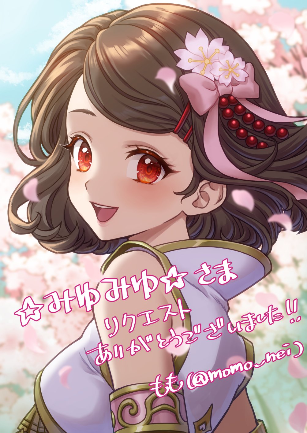 1girl, :d, armlet, artist_name, blurry, blurry_background, bow, brown_hair