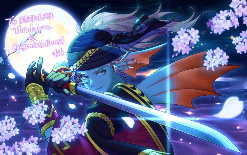 1boy, back_fin, black_gloves, black_turban, blue_skin, blurry, cherry_blossoms, colored_eyelashes
