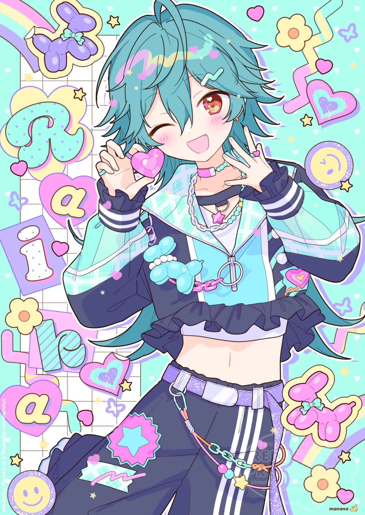 1boy, ahoge, aqua_hair, balloon_animal, belt, black_pants, blush, character_name