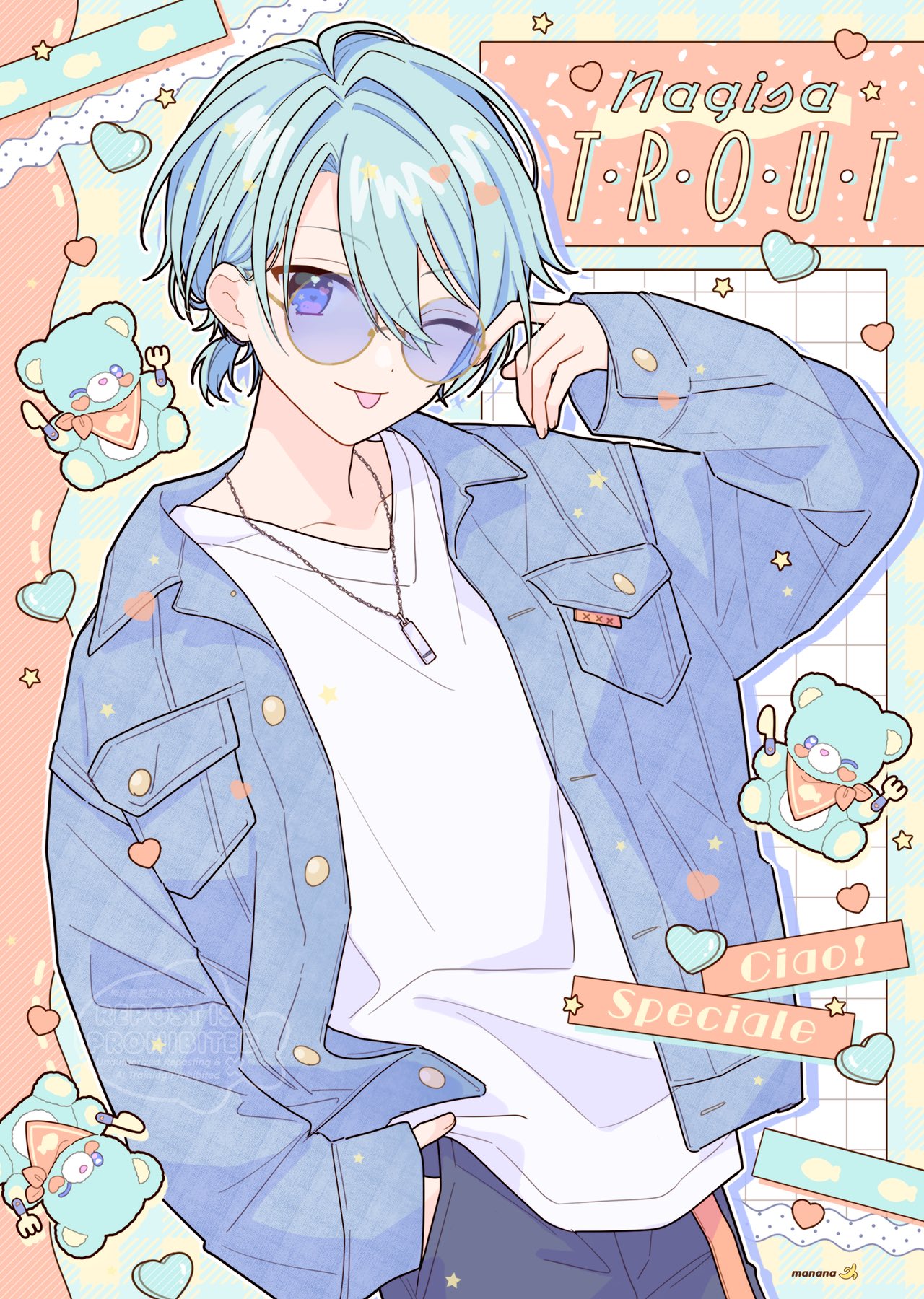 1boy, aqua_hair, arm_up, blue-tinted_eyewear, blue_jacket, character_name, hair_between_eyes, hand_in_pocket