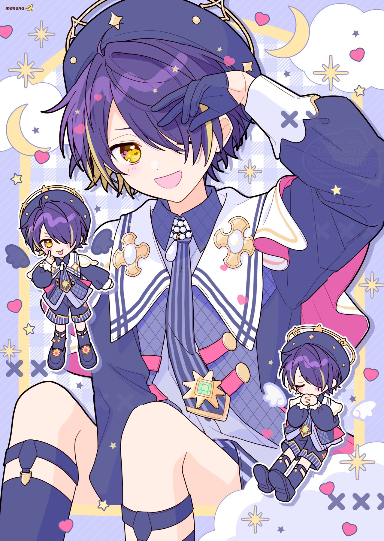 1boy, arm_up, asymmetrical_bangs, beret, black_gloves, closed_mouth, deformed, ensemble_stars!