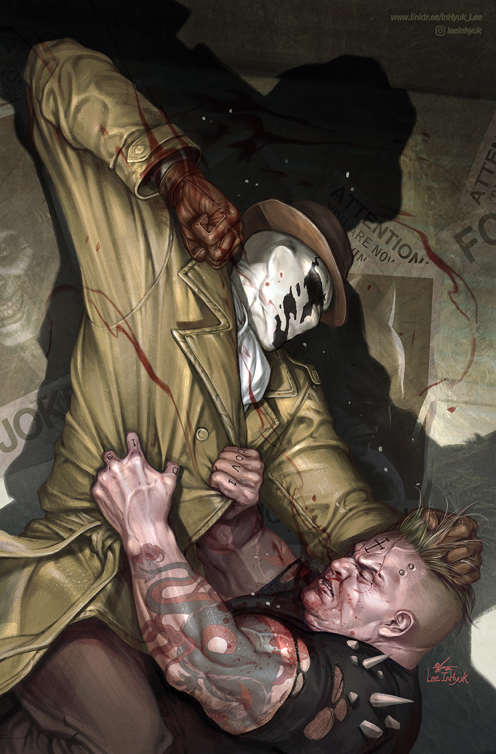 2boys, arm_tattoo, artist_name, blood, blood_on_face, blood_on_wall, coat, fighting