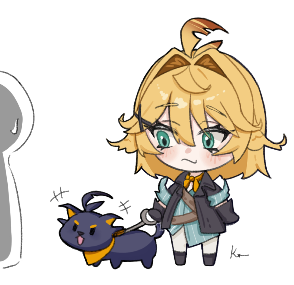 1girl, 1other, ahoge, aqua_eyes, aqua_shirt, barking, black_jacket, blonde_hair