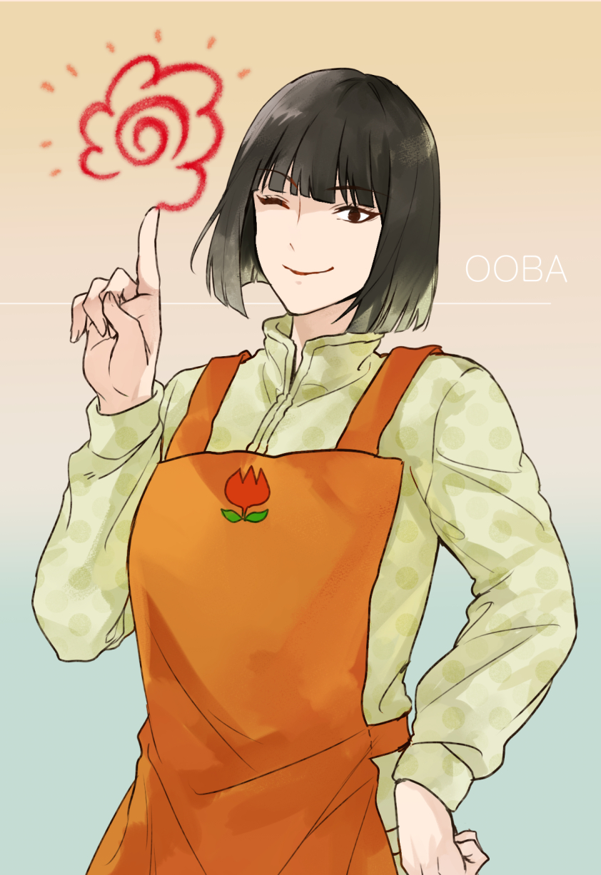 1girl, apron, black_hair, blue_period, gradient_background, highres, hime_cut, light_smile, long_sleeves, mature_female, medium_hair, nit_(reinakill), one_eye_closed, ooba_maya, orange_apron, pointing, pointing_up, polka_dot, polka_dot_shirt, shirt, yellow_shirt