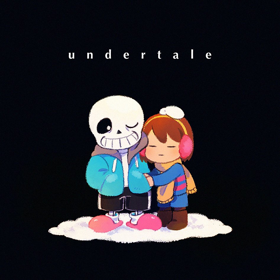 1boy, 1other, black_background, blue_jacket, blue_shorts, boots, brown_hair, closed_eyes, closed_mouth, copyright_name, double-parted_bangs, drawstring, earmuffs, expressionless, frisk_(undertale), full_body, grin, hand_in_pocket, hand_on_another's_head, hands_in_another's_pockets, hood, hood_down, hooded_jacket, jacket, looking_at_another, nata_(mmgt_nn), one_eye_closed, open_clothes, open_jacket, sans_(undertale), scarf, shirt, short_hair, shorts, skeleton, slippers, smile, snow, socks, standing, sweater, teeth, undertale, white_shirt, white_socks, yellow_scarf