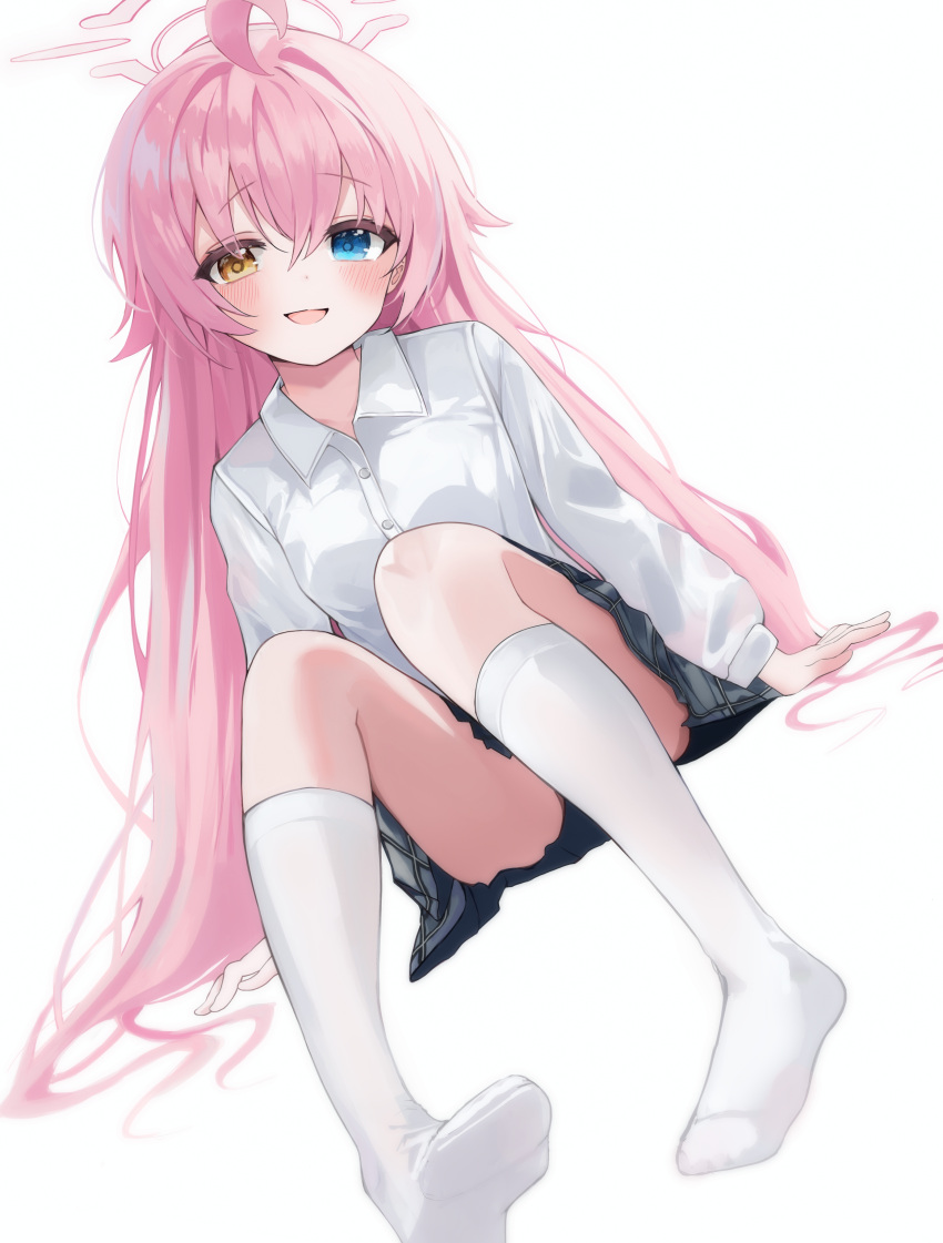 1girl, :d, absurdres, ahoge, arms_at_sides, black_skirt, blue_archive, blue_eyes