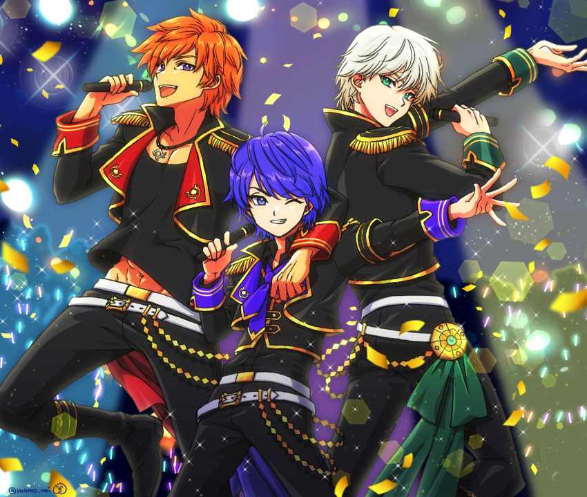 3boys, aizel_(dq10), alternate_costume, alternate_universe, arm_around_shoulder, bishie_sparkle, black_pants, black_shirt, blue_eyes, blue_hair, blue_necktie, commentary_request, confetti, dragon_quest, dragon_quest_x, epaulettes, glowstick, green_eyes, highres, holding, holding_microphone, jewelry, knee_up, looking_at_viewer, looking_to_the_side, male_focus, microphone, midriff_peek, miran_(dq10), momo_nei, multiple_boys, navel, necklace, necktie, one_eye_closed, open_mouth, orange_hair, pants, penlight_(glowstick), risoru_(dq10), shirt, short_hair, stage_lights, tan, toned, toned_male, twitter_username, violet_eyes, white_hair