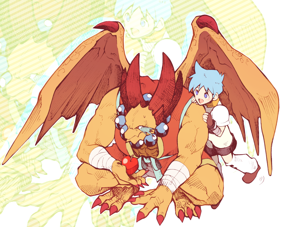2boys, apple, bead_necklace, beads, blue_eyes, blue_hair, breath_of_fire, breath_of_fire_iii