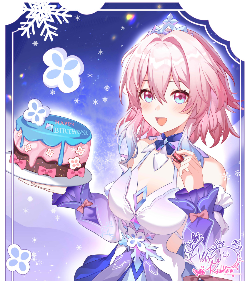 1girl, abby_riddle, absurdres, bare_shoulders, birthday_cake, blue_collar, blue_dress, blue_eyes