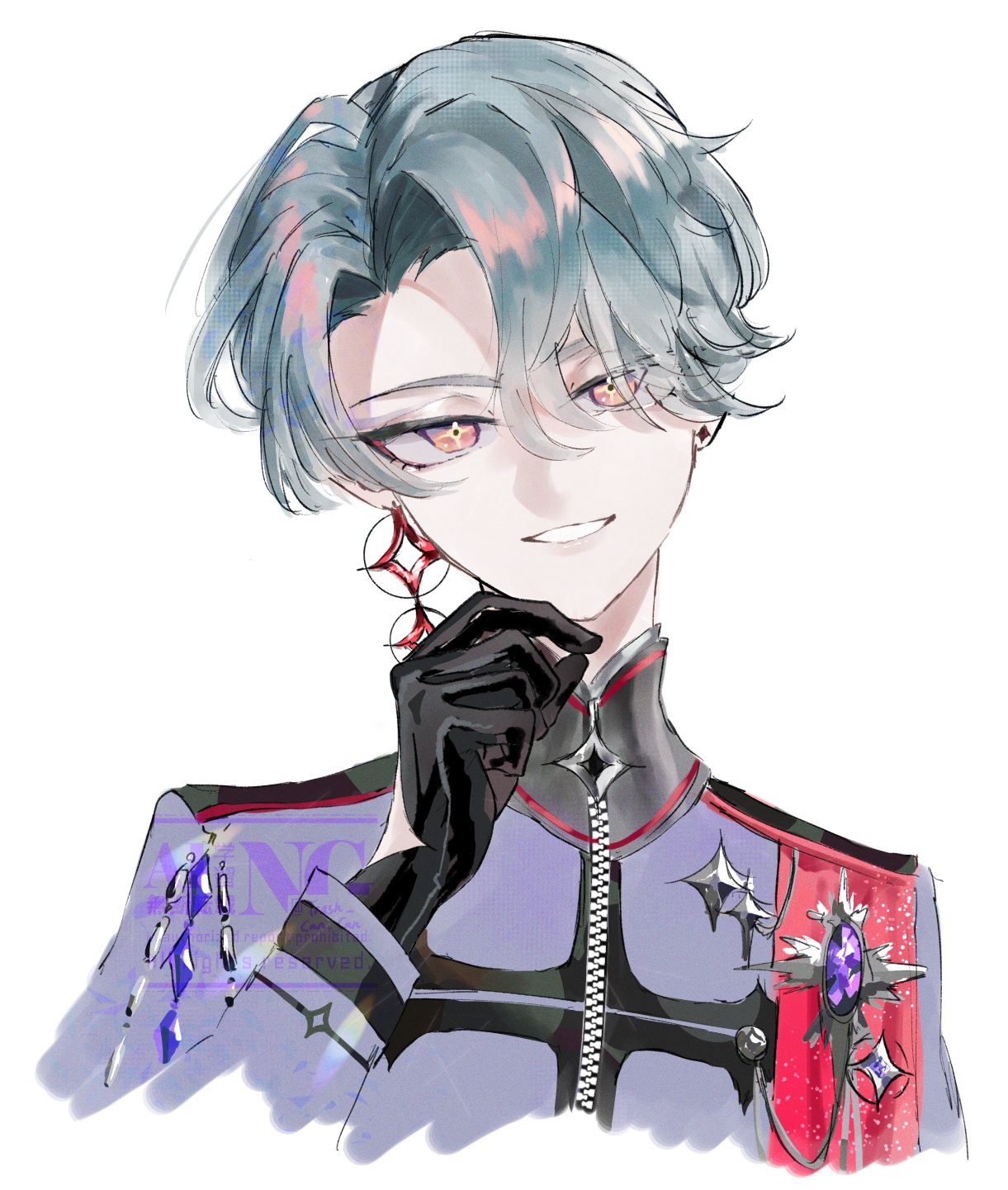 1boy, black_gloves, blue_hair, cropped_torso, earrings, freodore_(nijisanji), gloves, gomisyori_1, grin, hair_between_eyes, hand_up, high_collar, highres, hoop_earrings, jewelry, long_sleeves, looking_at_viewer, male_focus, mismatched_earrings, nijisanji, nijisanji_en, orange_eyes, parted_bangs, short_hair, simple_background, smile, solo, virtual_youtuber, white_background