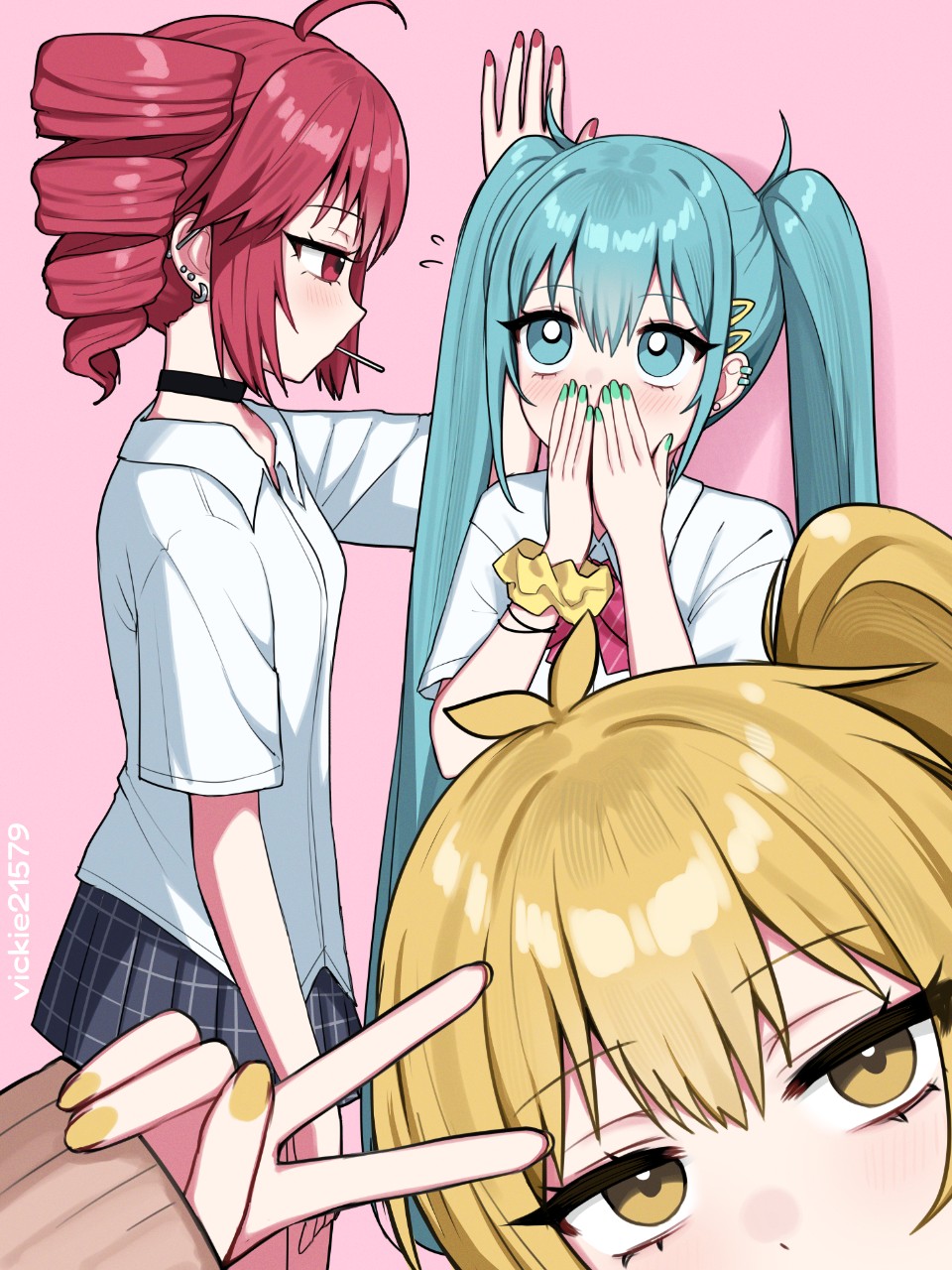 3girls, akita_neru, aqua_eyes, aqua_hair, blonde_hair, blush, bow, covering_own_mouth