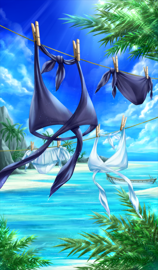 bikini, blue_bikini, blue_sky, boat, clothes_focus, clothes_pin, clothesline, clouds