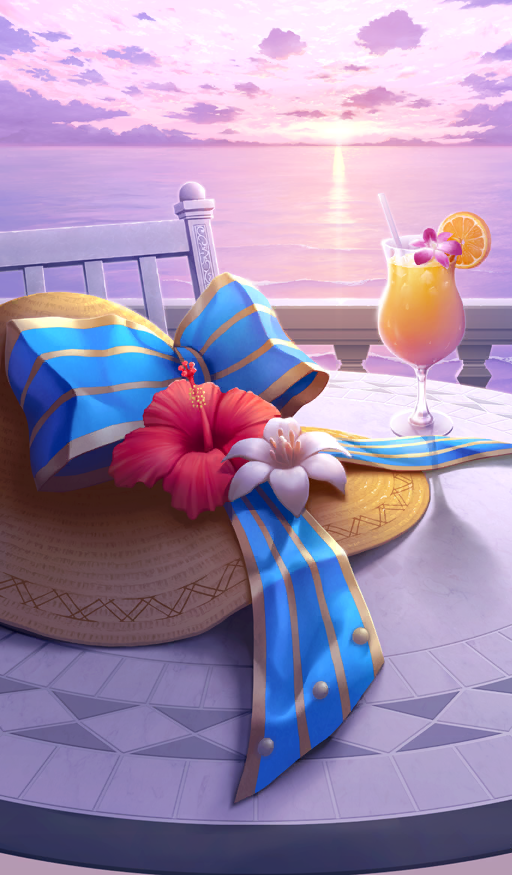 blue_bow, bow, chair, clouds, cloudy_sky, commentary, drinking_straw, fate/grand_order, fate_(series), flower, flower_request, food, fruit, hat, hat_flower, lasengle, no_humans, ocean, official_art, orange_(fruit), orange_slice, outdoors, pink_background, pink_flower, pink_sky, pink_theme, poco_grande_glass, red_flower, sky, still_life, sun_hat, sunset, table, third-party_source, tropical_drink, unworn_hat, unworn_headwear, white_flower