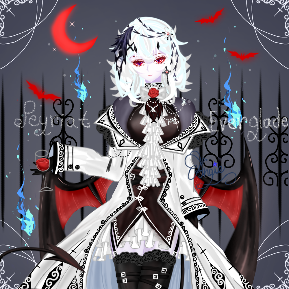 alcohol, bat_wings, black_gloves, boots, bow, chain, colored_skin, cross