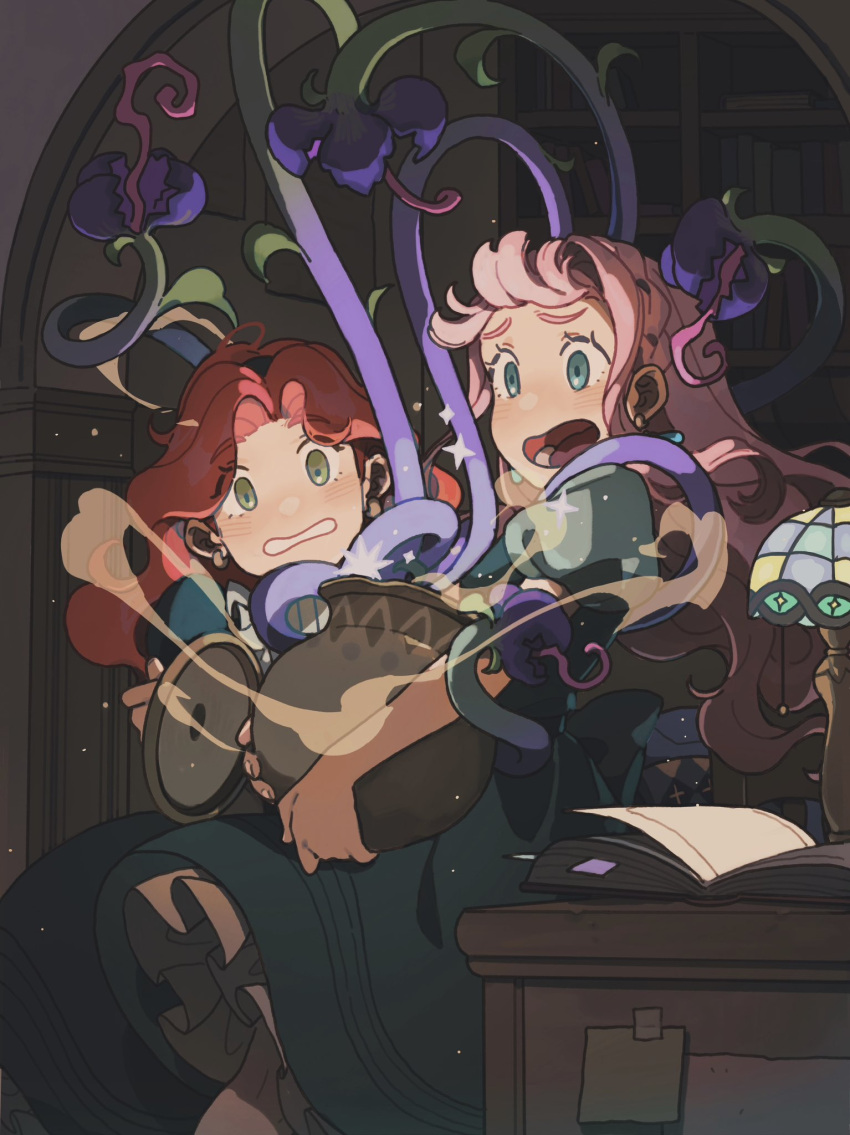 2girls, aqua_bow, aqua_dress, aqua_eyes, aqua_gemstone, back_bow, blush, book, bookshelf, bow, carnivorous_plant, carol_cao, cauldron, commentary, cooking_pot, desk, dress, earrings, flower, green_eyes, green_sleeves, grimace, highres, holding, holding_cooking_pot, holding_lid, indoors, jewelry, lamp, long_hair, looking_at_creature, lower_teeth_only, magic, multiple_girls, open_clothes, open_mouth, open_shirt, original, pink_hair, plant, plant_monster, puffy_short_sleeves, puffy_sleeves, purple_flower, red_hair, scared, short_sleeves, sparkle, stained_glass, standing, steam, surprised, teardrop_earrings, teeth, two-handed, vines, wavy_hair