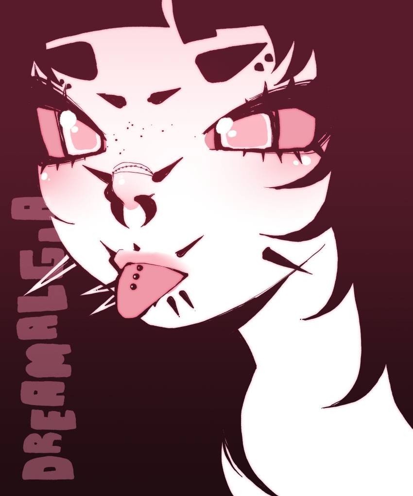 absurdres, artist_name, black_hair, blush, bridge_piercing, cheek_piercing, colored_sclera, dimple_piercing, dreamalgia, eyebrow_piercing, eyelashes, freckles, highres, lip_piercing, lips, long_hair, nose_piercing, nose_ring, original, pale_skin, piercing, pink_lips, pink_sclera, solo, thick_eyebrows, tongue, tongue_out, tongue_piercing