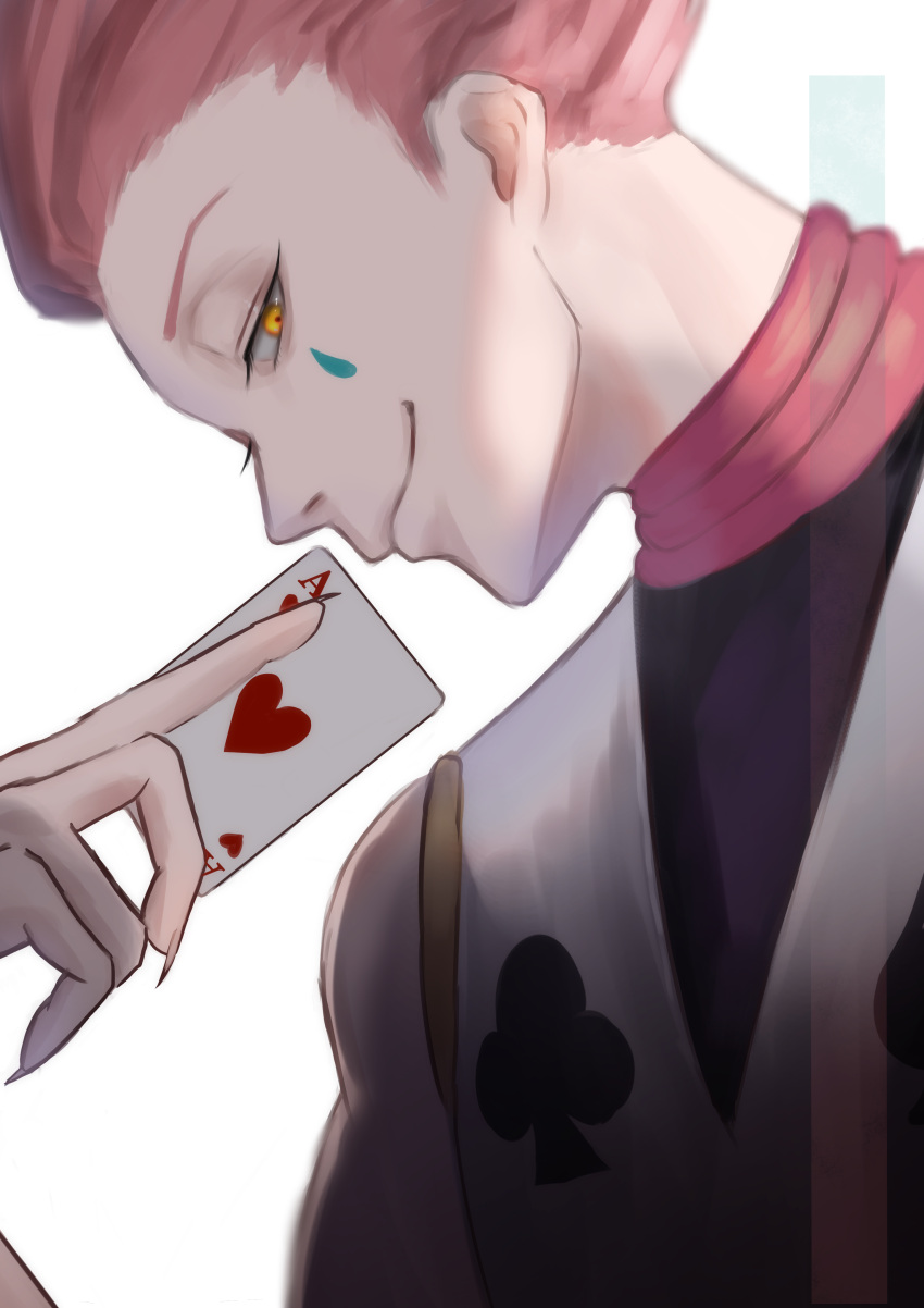 1boy, absurdres, card, closed_mouth, highres, hisoka_morow, holding, holding_card