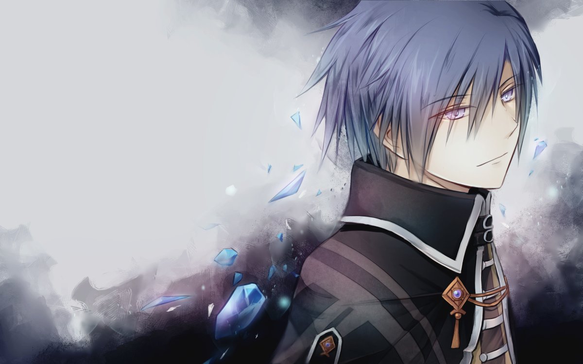 1boy, artfahle, black_capelet, blue_hair, capelet, crystal, eternal_senia, eternal_senia_2:hydrangea_after_the_rain