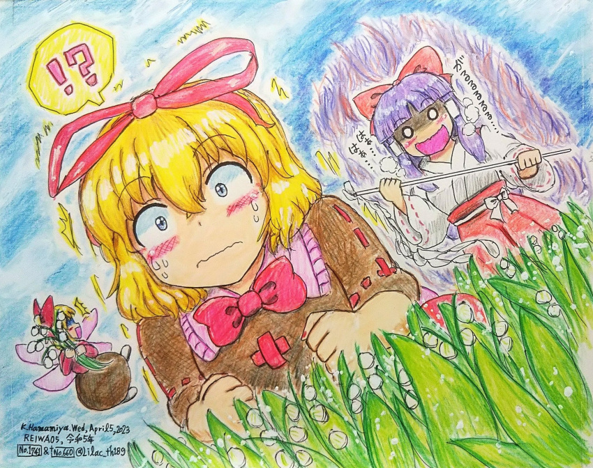 3girls, artist_name, black_shirt, black_skirt, blonde_hair, blue_eyes, blush, bow