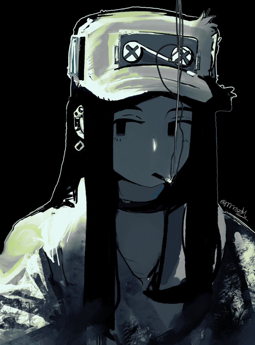 1girl, absurdres, android, black_eyes, black_hair, cassette_girl_(taikodon), cassette_player, cigarette