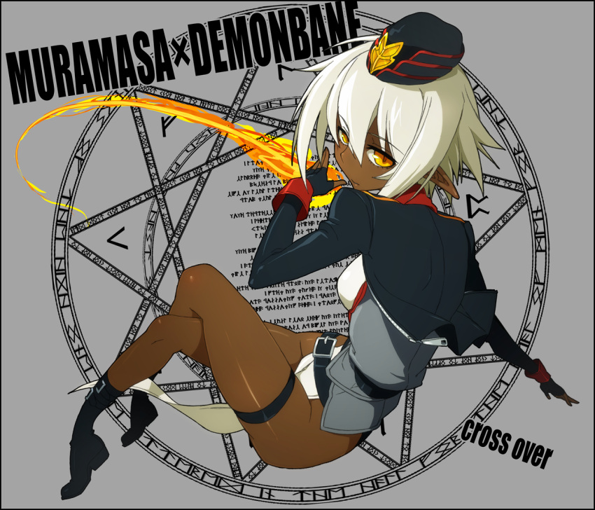belt, boots, bottomless, crossed_legs, dark_skin, dougan_calpis_con, elf, fingerless_gloves