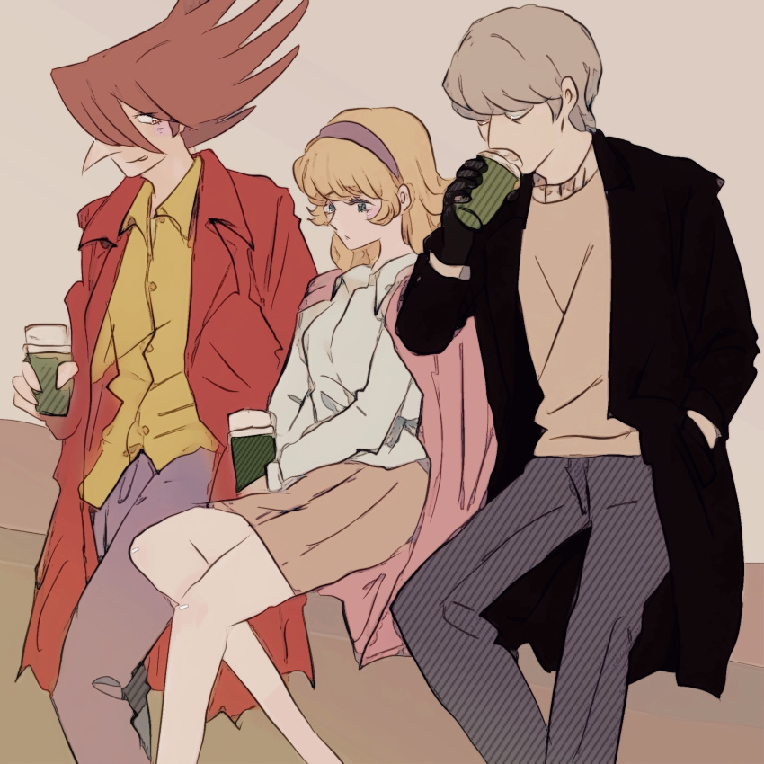 1girl, 2boys, albert_heinrich, blonde_hair, blue_eyes, brown_skirt, coat, cup