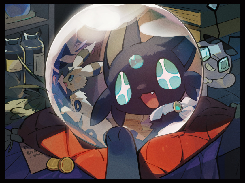 +_+, absurdres, alternate_color, alternate_shiny_pokemon, animal_focus, animal_hands, aqua_eyes, black_fur