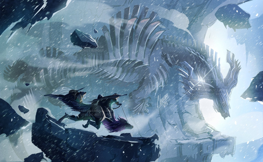 armor, bird, cathiane, coat, cold, dragon, feathers, frozen