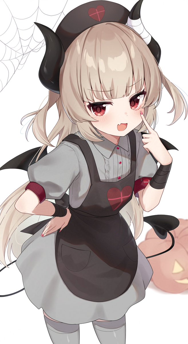 1girl, apron, bandaged_horn, bandaged_wrist, bandages, black_apron, black_hat, black_horns