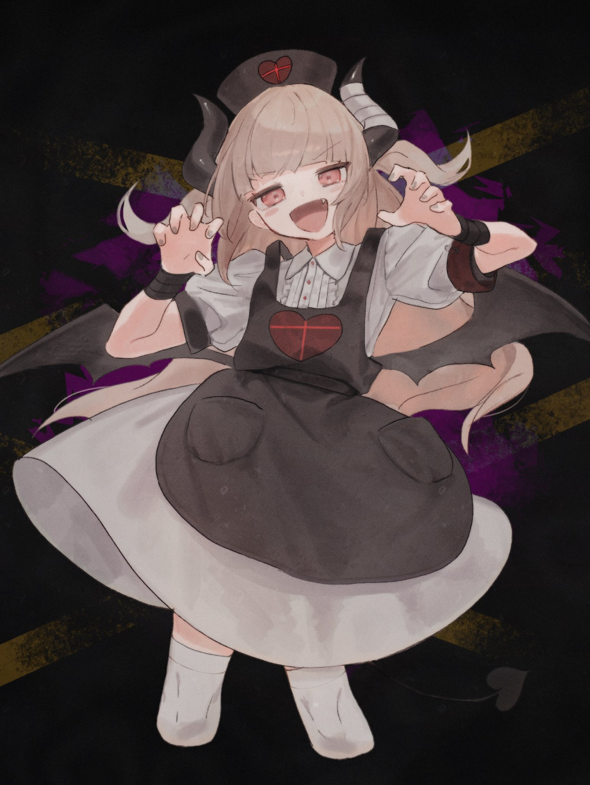 1girl, apron, bandaged_horn, bandaged_wrist, bandages, black_apron, black_background, black_hat