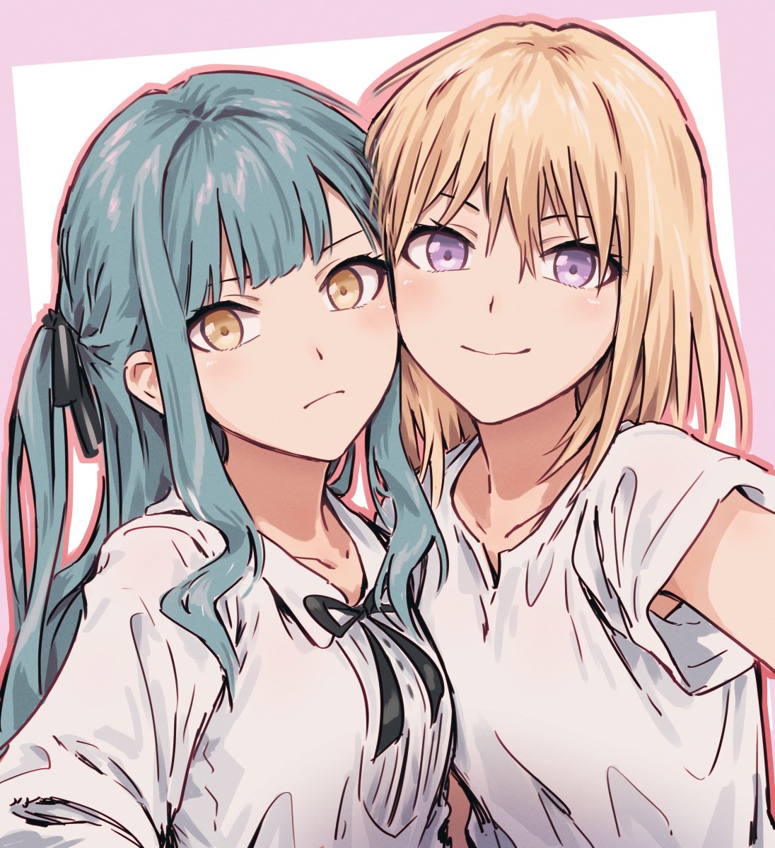 2girls, armpit_peek, bad_id, bad_twitter_id, bang_dream!, bang_dream!_it's_mygo!!!!!, black_ribbon, blonde_hair