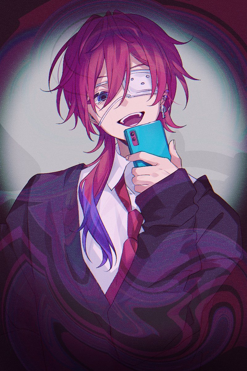 1boy, :d, black_cardigan, cardigan, cellphone, collared_shirt, commentary, ear_piercing