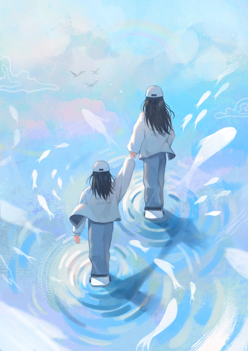 2girls, absurdres, bird, black_hair, blue_pants, chinese_commentary, clouds, commentary_request