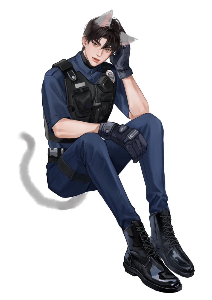 1boy, animal_ears, black_boots, black_hair, blue_gloves, blue_pants, blue_shirt, boots, cat_boy, cat_ears, cat_tail, collared_shirt, eyeshadow, full_body, gloves, grey_eyes, hair_between_eyes, hand_on_own_head, hand_on_own_knee, highres, knees_up, looking_at_viewer, makeup, male_focus, original, pants, police, police_uniform, policeman, shirt, short_hair, simple_background, sitting, solo, tail, thick_lips, thigh_strap, toscana20460423, vest, waistcoat, walkie-talkie, white_background