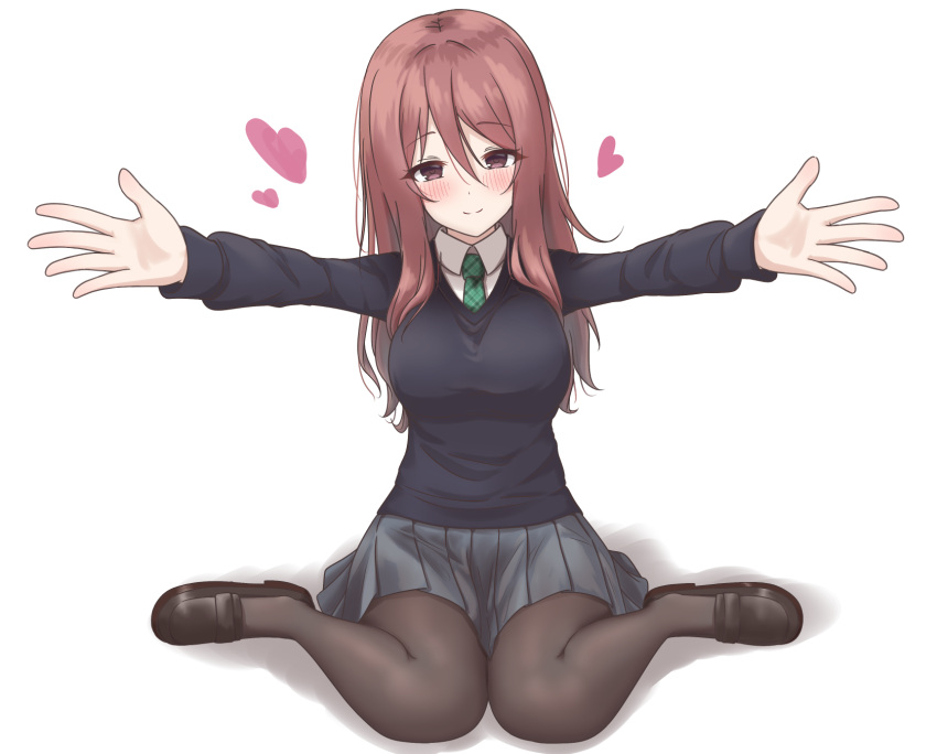 1girl, black_shoes, blue_sweater_vest, blush, breasts, brown_eyes, brown_hair, collared_shirt