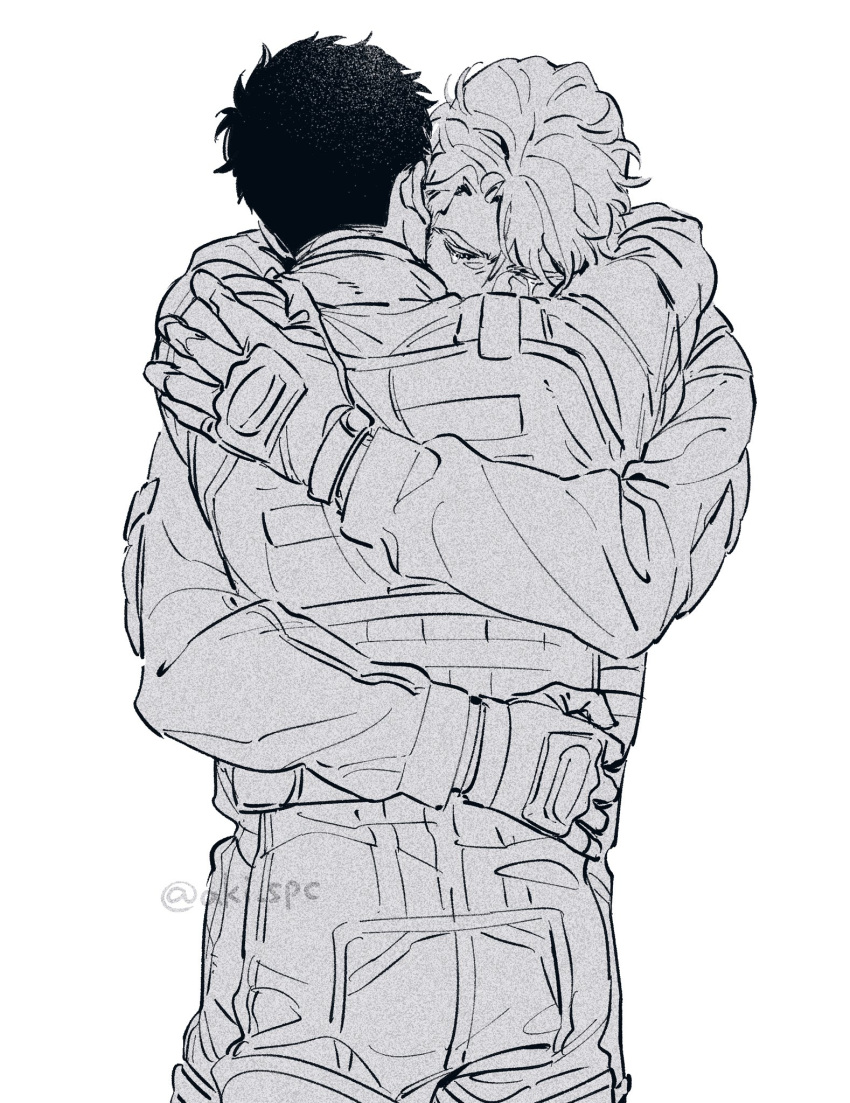 2boys, aki_(supekutooru), ao_isami, arms_around_neck, bulletproof_vest, commentary_request, crying, curtained_hair