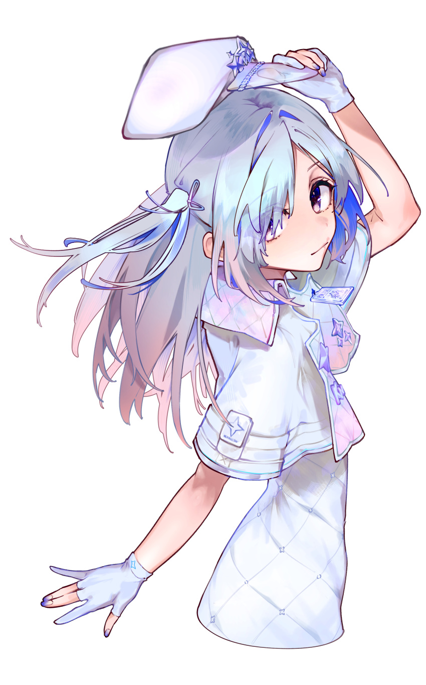 1girl, absurdres, adjusting_clothes, adjusting_headwear, amane_kanata, blue_eyes, blue_hair, gloves, hat, highres, hololive, jacket, looking_at_viewer, multicolored_hair, sauce_darusungi, simple_background, solo, two-tone_hair, white_background, white_gloves, white_hair, white_jacket