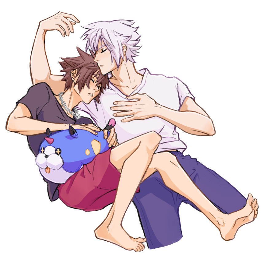 2boys, arm_up, barefoot, black_shirt, blue_pants, brown_hair, closed_mouth, commentary, crew_neck, cropped_legs, crown_necklace, hair_between_eyes, hashtag-only_commentary, highres, jewelry, kingdom_hearts, kingdom_hearts_3d_dream_drop_distance, lying, male_focus, melasyj, multiple_boys, necklace, on_back, on_lap, on_side, pants, parted_lips, red_shorts, riku_(kingdom_hearts), shirt, short_sleeves, shorts, simple_background, sleeping, sora_(kingdom_hearts), teeth, white_background, white_hair, wondernyan_(kingdom_hearts)
