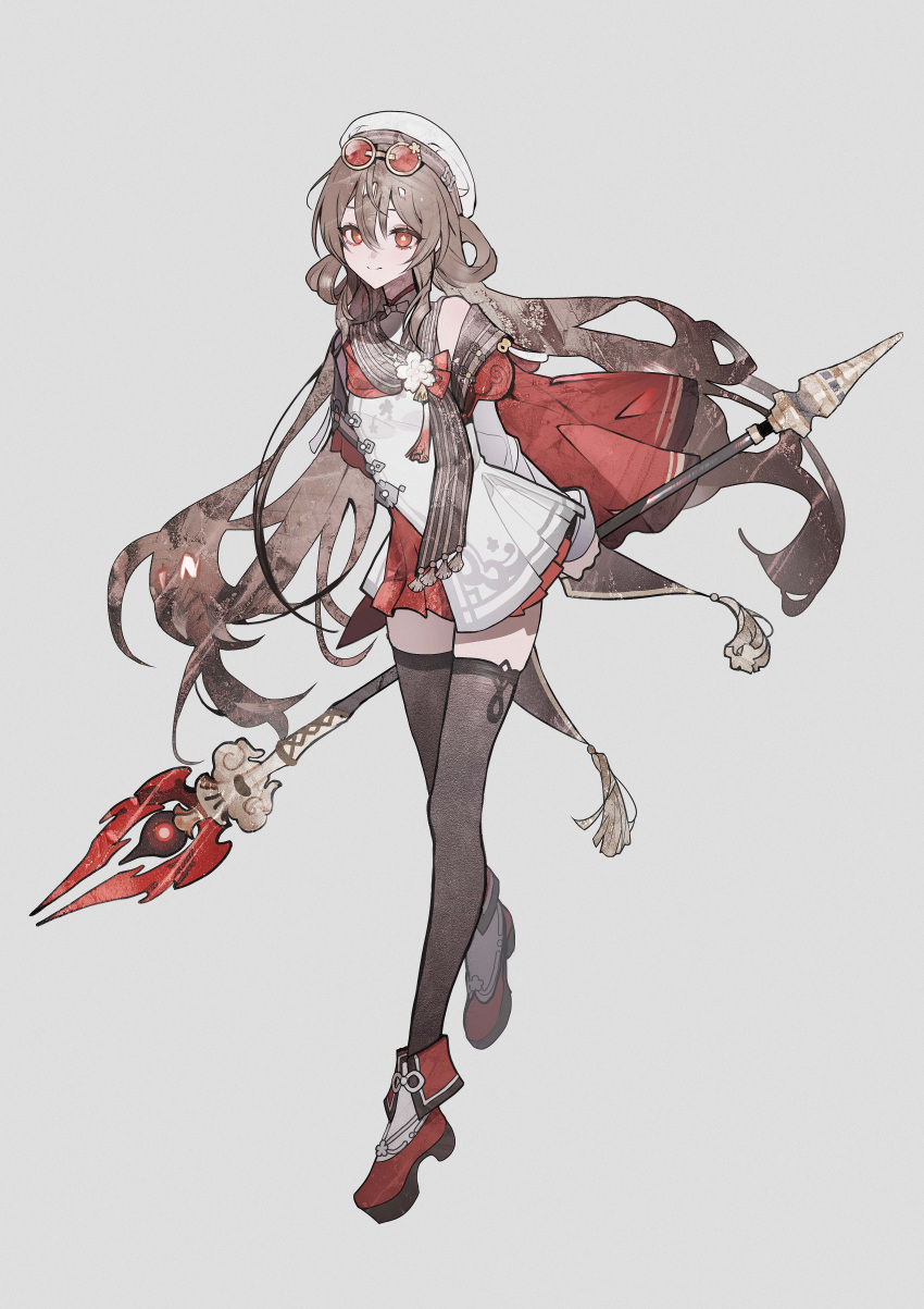 1girl, absurdres, ajirui, beret, black_thighhighs, brown_hair, commentary_request, dress