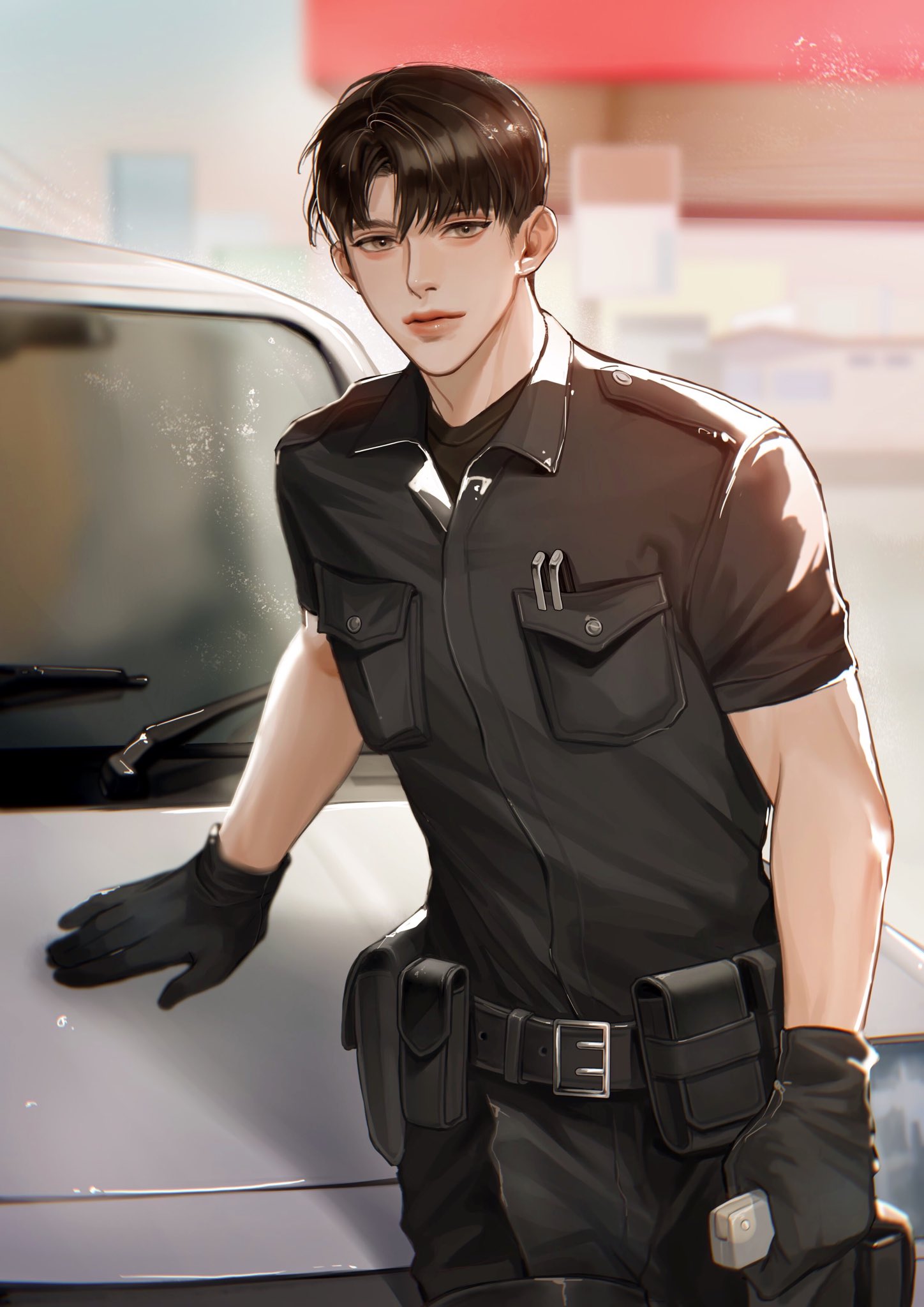 1boy, belt, black_belt, black_gloves, black_hair, black_pants, black_shirt, blurry