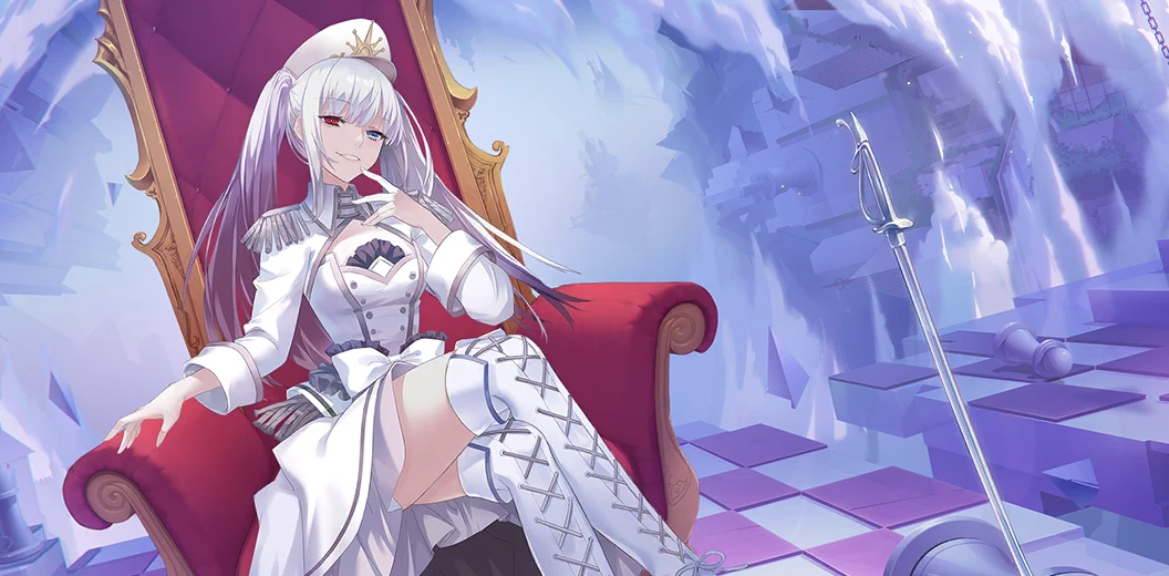 1girl, blue_eyes, breasts, chess_piece, crossed_legs, date_a_live, date_a_live:_date_a_bullet, date_a_live:_spirit_pledge