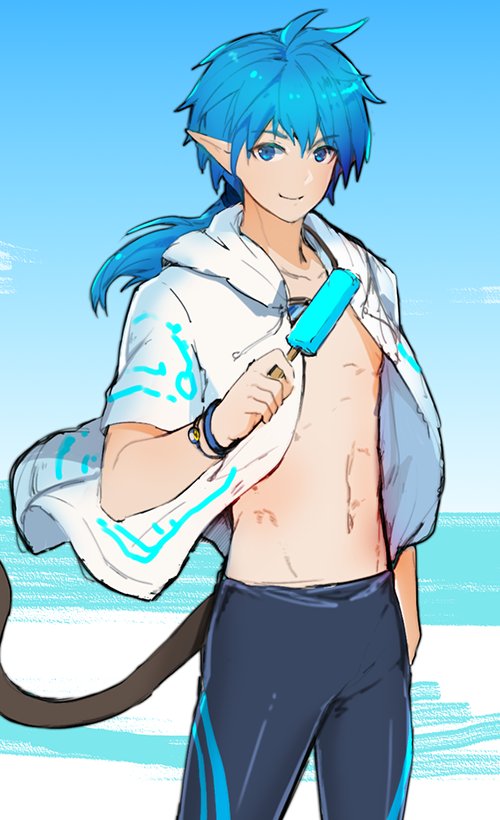 1boy, azhi_kurage, blue_eyes, blue_hair, closed_mouth, food, holding, holding_food, holding_popsicle, looking_at_viewer, male_focus, navel, pointy_ears, ponytail, popsicle, roddick_farrence, smile, solo, star_ocean, star_ocean_anamnesis, star_ocean_first_departure, swimsuit, tail