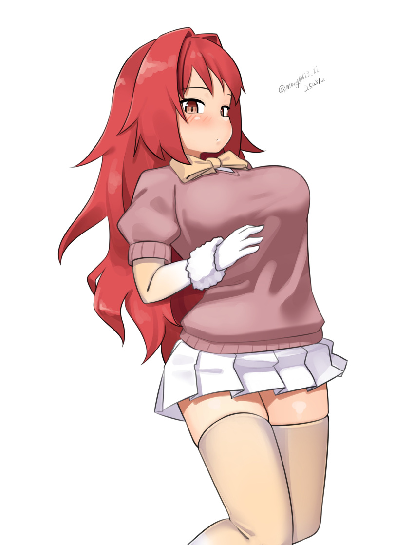 1girl, absurdres, alternate_costume, bow, bowtie, breasts, brown_sweater, cosplay