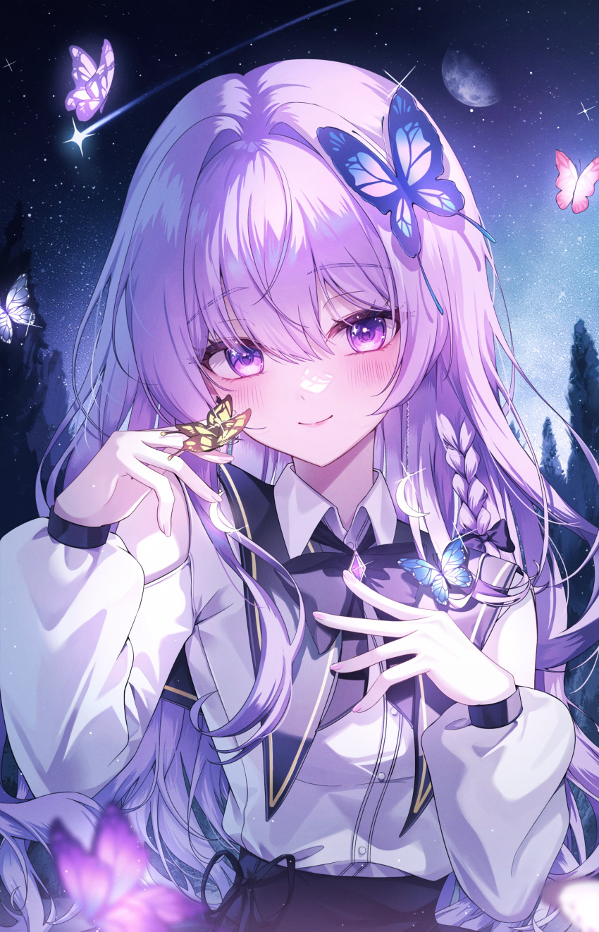 1girl, absurdres, black_collar, blue_butterfly, blush, braid, bug, butterfly