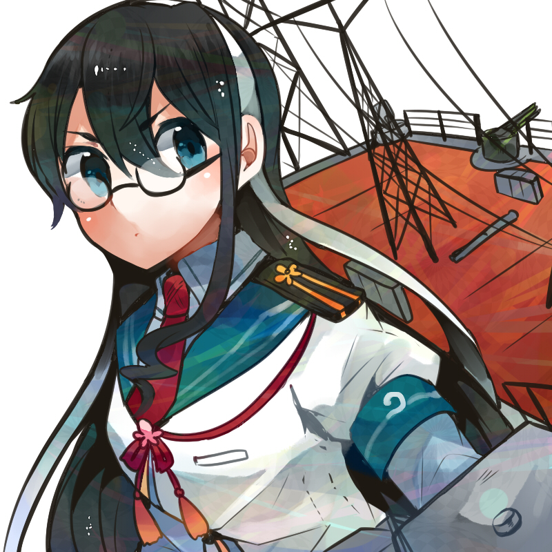 1girl, aircraft_catapult, anti-aircraft_gun, black_hair, blouse, blue_eyes, cannon, glasses