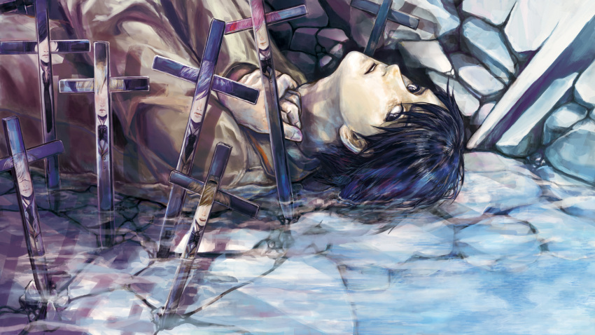 1boy, 6+girls, aoi_sena, black_hair, black_necktie, chaos;head, cross, crucifix
